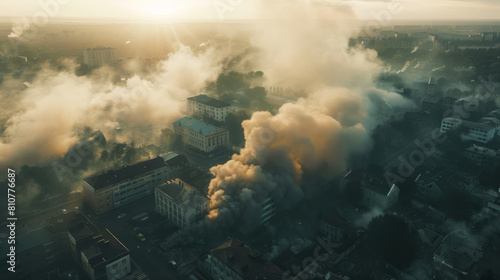 Aerial view of a city engulfed in thick smoke  depicting a scene of emergency or disaster.