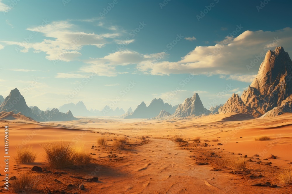 United Arab Emirates landscape. Vast Desert Landscape with Rocky Mountain Peaks and Scattered Vegetation.