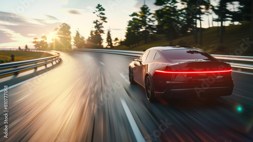 A sleek car speeds along a highway at sunset, blurring the scenery.