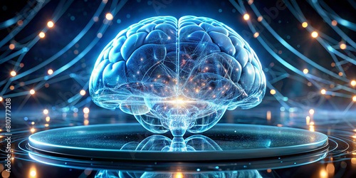 Surreal Translucent Glowing Brain Hologram in Dark Future, Futuristic AI Concept Image photo
