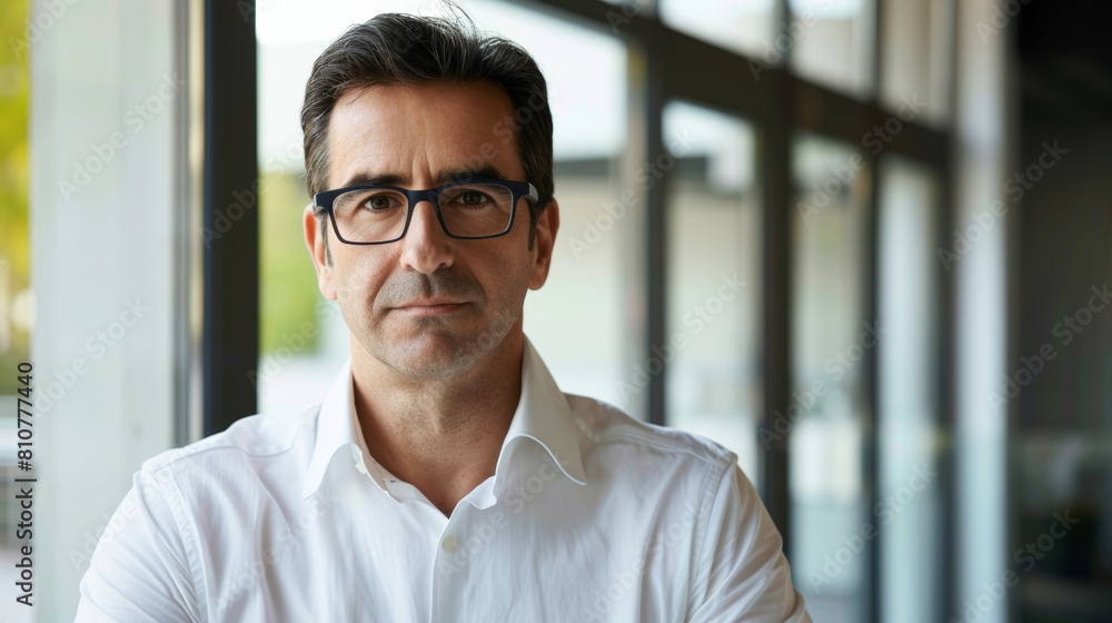 Confident businessman with a thoughtful gaze, standing in a modern office setting, a portrait of leadership. Confident businessman with a thoughtful gaze, standing in a modern office setting, a portrait of leadership.