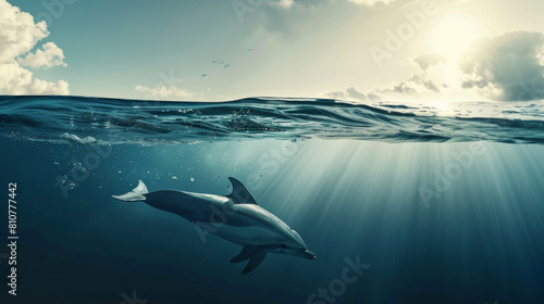 Graceful dolphin glides through ocean depths as sunlight dances on water.