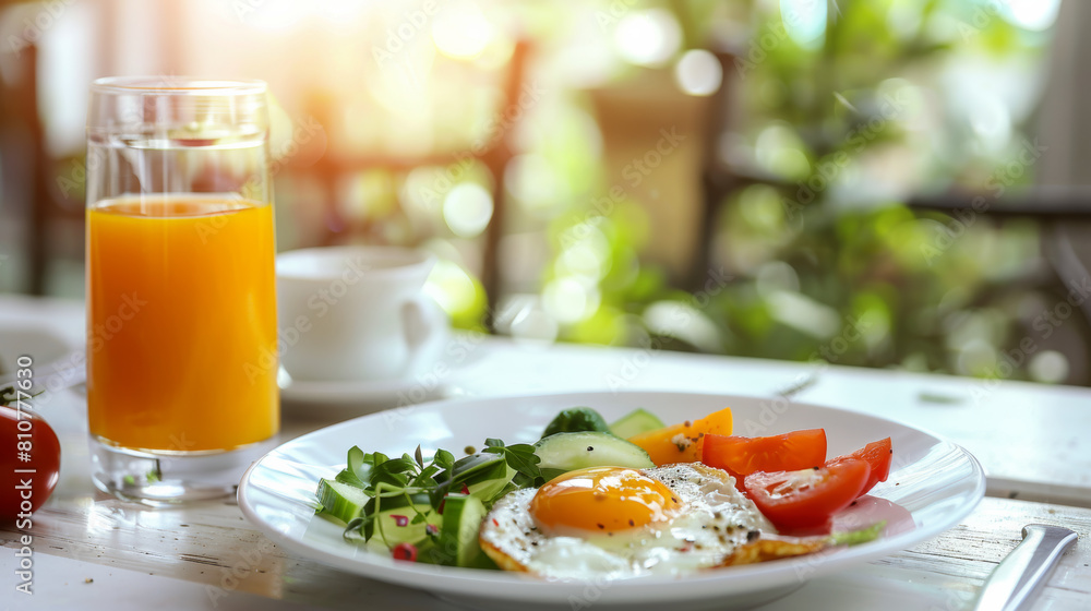 A nutritious breakfast with sunny-side up egg, vegetables, and orange juice on a sunny table. A nutritious breakfast with sunny-side up egg, vegetables, and orange juice on a sunny table.