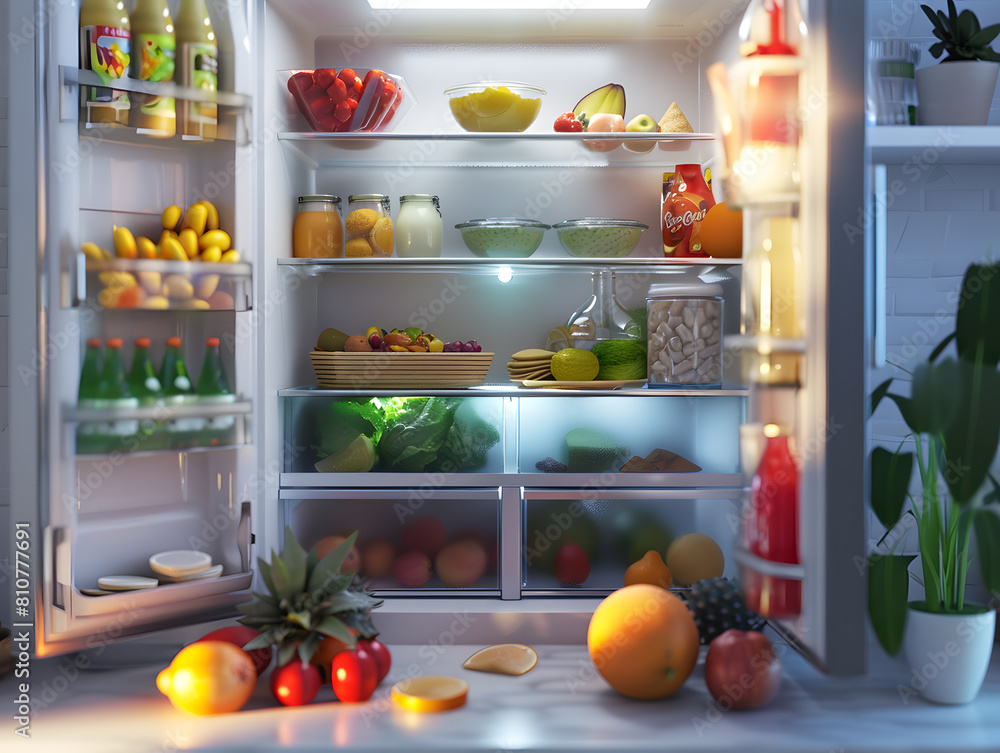 Open refrigerator with groceries, fresh vegetables and drinks inside. Well-organized fridge Open refrigerator with groceries, fresh vegetables and drinks inside. Well-organized fridge