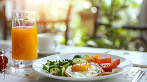 A nutritious breakfast with sunny-side up egg, vegetables, and orange juice on a sunny table. © VK Studio