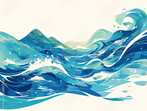 Chinese style vivid illustration of waves and hills