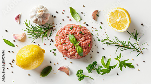 Fresh forcemeat and ingredients on white background