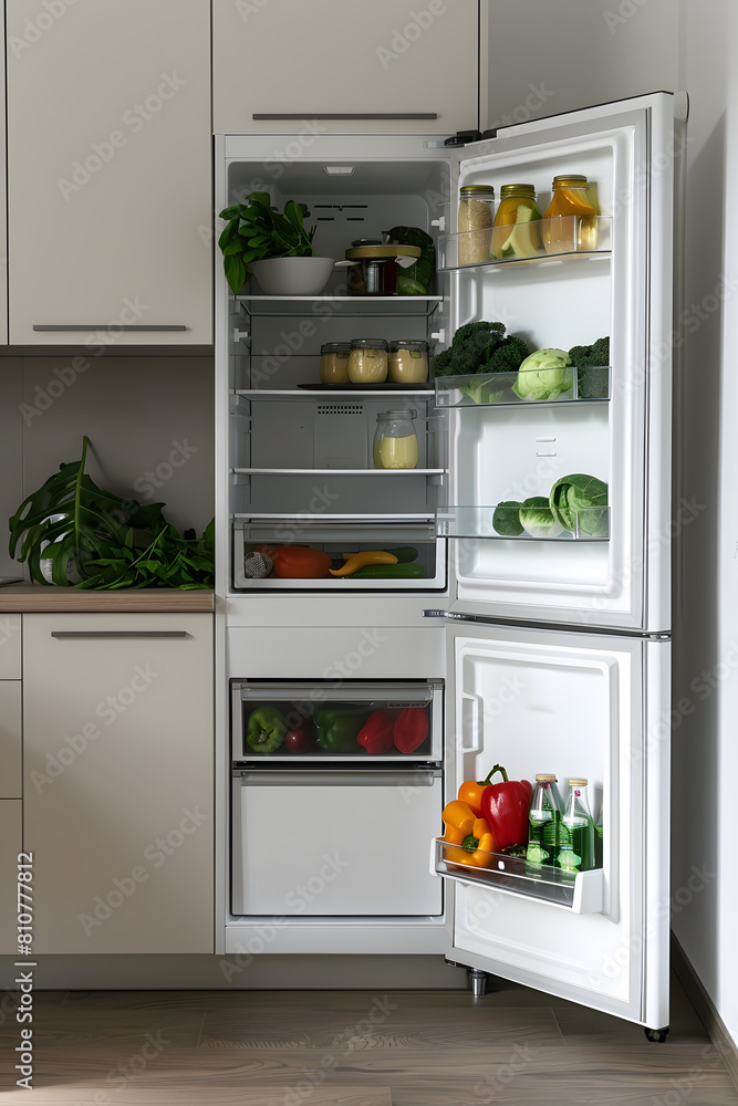 Open refrigerator with groceries, fresh vegetables and drinks inside. Well-organized fridge Open refrigerator with groceries, fresh vegetables and drinks inside. Well-organized fridge