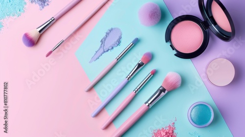 A colorful display of makeup and beauty products on a blue and pink background