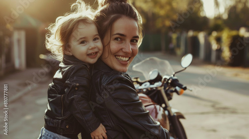 Mother and child share a joyous ride on a motorcycle, basking in golden hour sunshine.