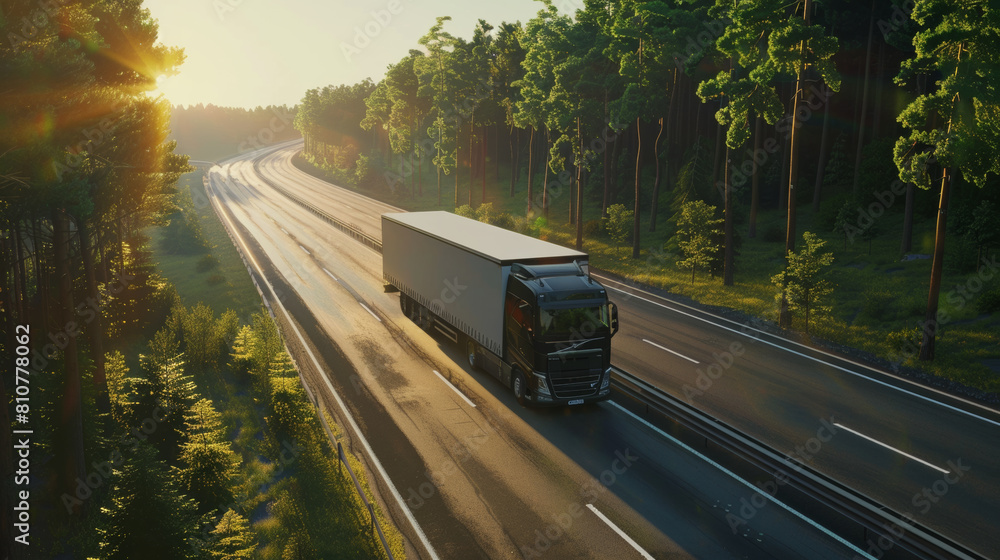 A lone truck on an early morning haul blazes down a serene highway lined with forest.