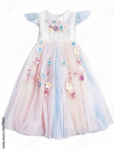 A pretty pastel children's long tulle dress with flower Embroidery decoration, front view, on a white background