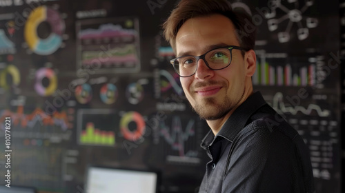 Smiling man with glasses against a backdrop of colorful data charts.