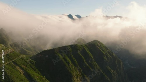 Drone flight over the sharp mountains in Madeira Portugal photo