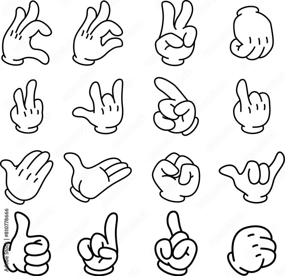 Set of cartoon hands in gloves. Retro style mascot hands. Rubber hose style hands. Vector illustration Set of cartoon hands in gloves. Retro style mascot hands. Rubber hose style hands. Vector illustration