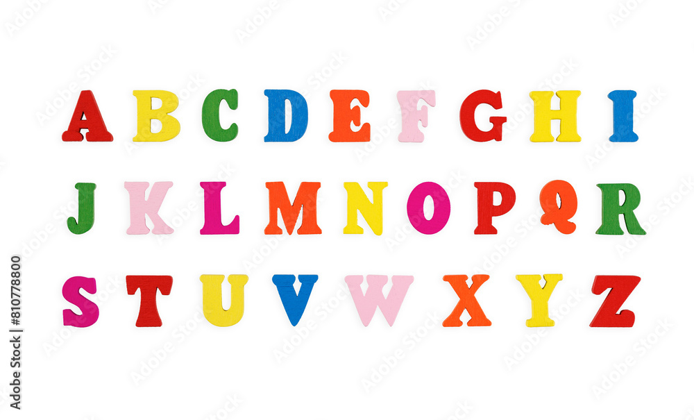 wooden letters of the English alphabet multi-colored on a isolated background close-up