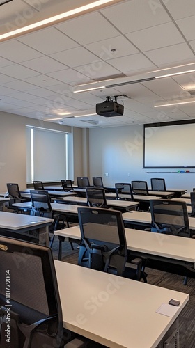 A college classroom interior with advanced technology integration
