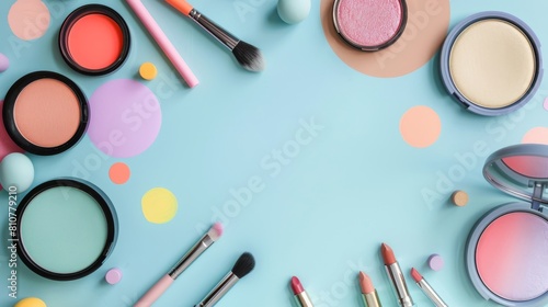 A colorful array of makeup products, including eyeshadow, lipsticks, and blushes