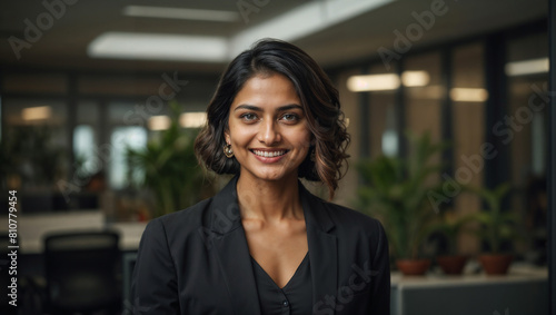 Bella donna di origini indiane sorride in un moderno ufficio con abito elegante photo