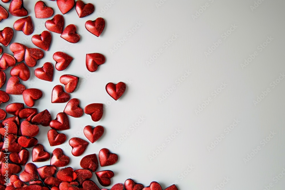 Scattered red heart-shaped candies on a light background Scattered red heart-shaped candies on a light background