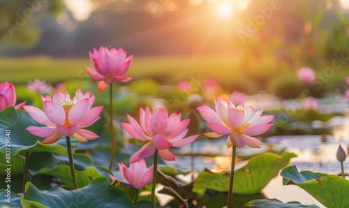 Blooming lotus flowers in a peaceful pond