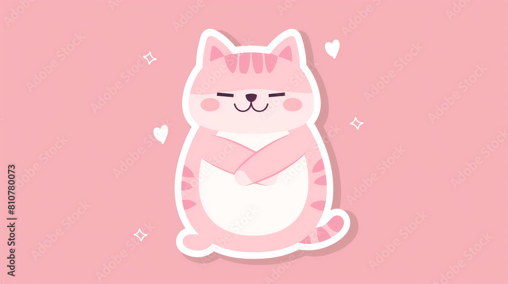 A pink cat sticker designed in a simple Q version cute style, featuring pink arms crossed and a cute expression. The sticker is in the style of a white background with a pink cartoon flat solid color A pink cat sticker designed in a simple Q version cute style, featuring pink arms crossed and a cute expression. The sticker is in the style of a white background with a pink cartoon flat solid color