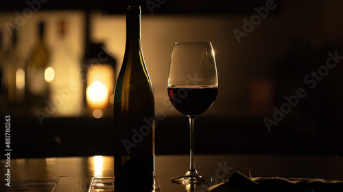 Wine bottle and glass in the dark