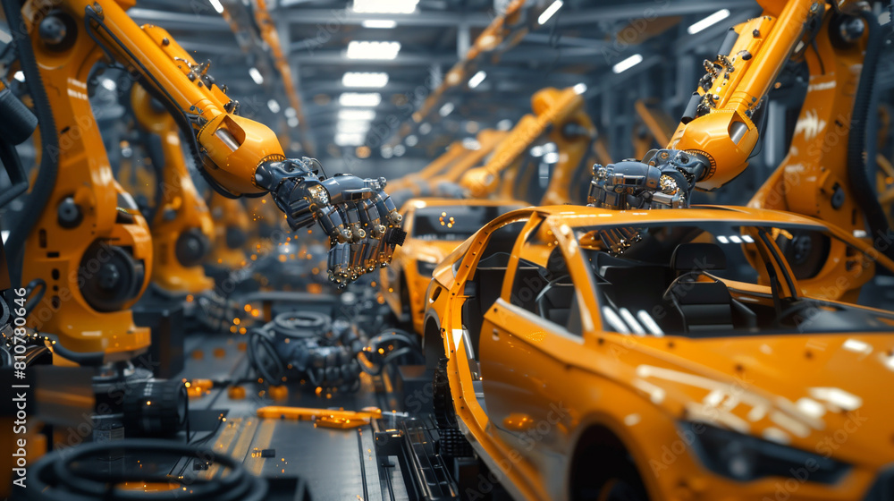 Car Factory 3D Concept: Automated Robot Arm Assembly Line Manufacturing High-Tech Green Energy Electric Vehicles. Automatic Construction, Building, Welding Industrial Production Conveyor. Front View Car Factory 3D Concept: Automated Robot Arm Assembly Line Manufacturing High-Tech Green Energy Electric Vehicles. Automatic Construction, Building, Welding Industrial Production Conveyor. Front View