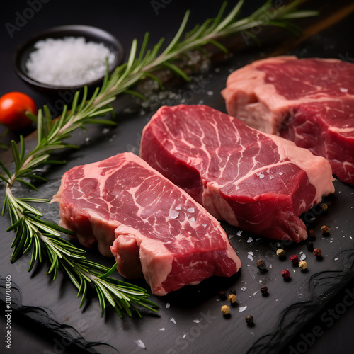 Raw steak with rosemary, salt and pepper on a black background