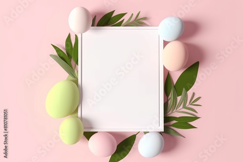 AI generated illustration of colorful Easter eggs encircling a blank card on pink backdrop