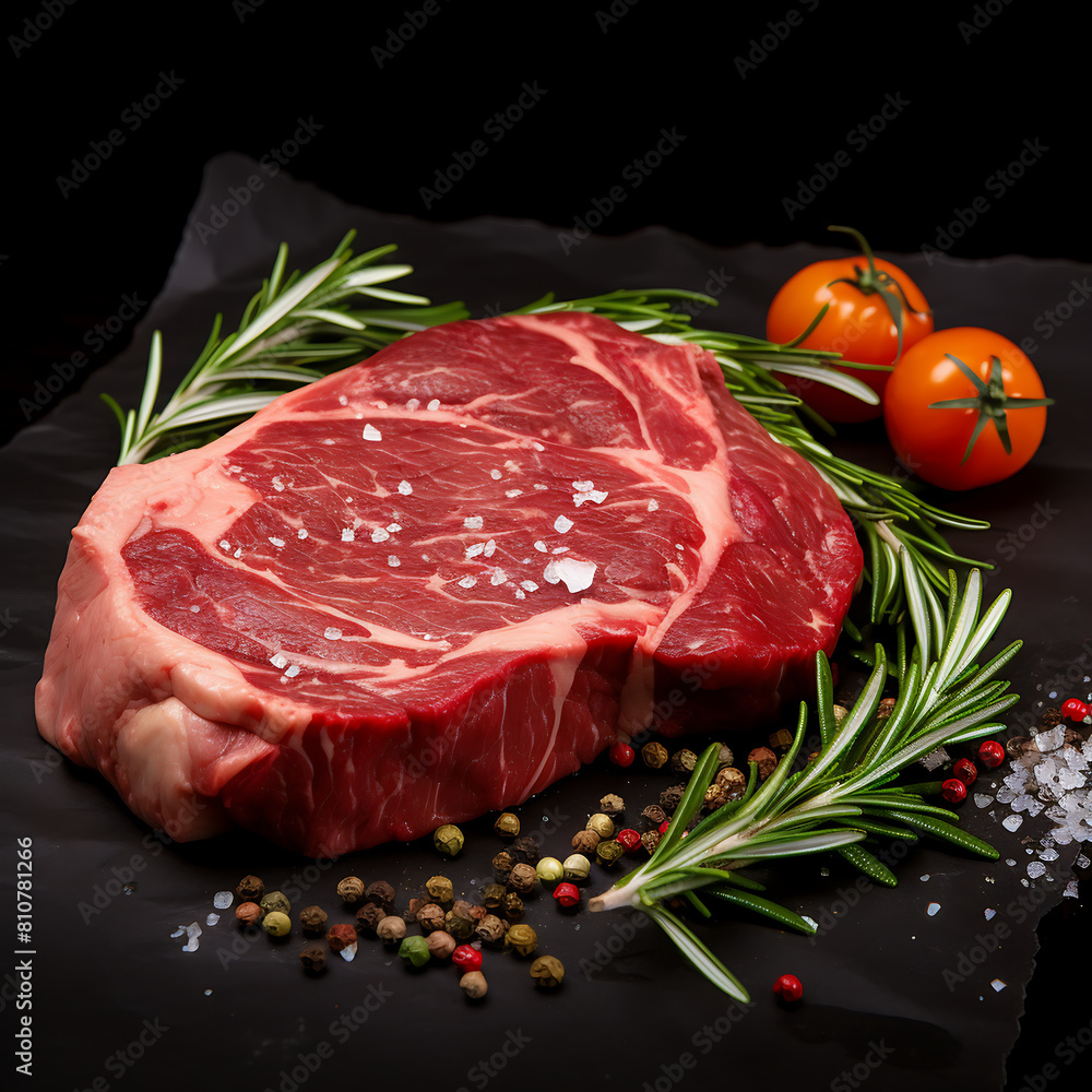 Raw steak with rosemary, salt and pepper on a black background Raw steak with rosemary, salt and pepper on a black background