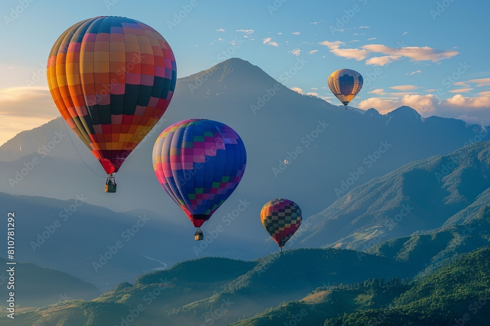 Colorful hot air balloons flying over the mountain. 