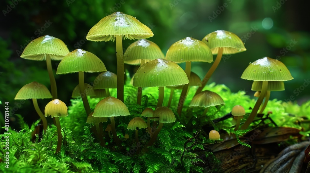Vibrant green mushrooms in a lush forest Vibrant green mushrooms in a lush forest