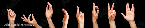 Set of woman hands showing different gestures, pointing and showing signs