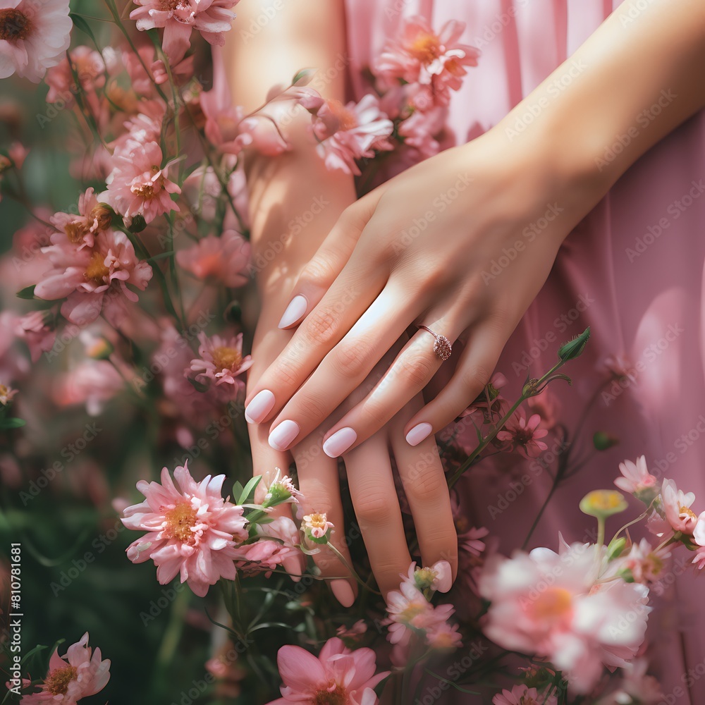 Fototapeta premium Elegant Hands Gently Touching Soft Pink Flowers 
