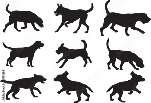 Dog icons for different Breeds.Hunting hound dog silhouettes on white background. Foxhound and dogs in multiple poses and positions for designing online games  poster or flyer for media and web. 