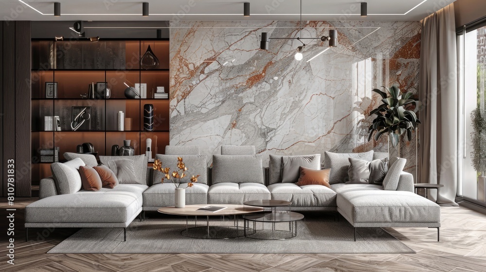 A spacious living room elegantly designed with a large marble texture accent wall behind a cozy grey sofa set and stylish decor