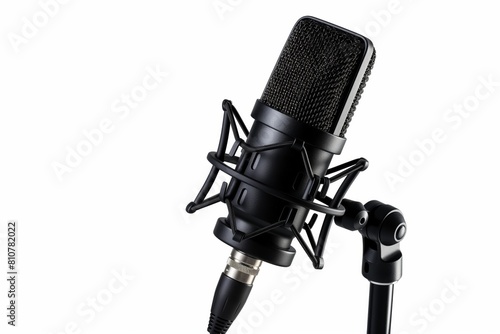 A close-up view of a professional condenser microphone with shock mount, highlighting its design and build quality