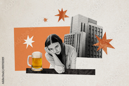 Composite photo collage of drunk sot girl drinker alcohol problem glass beer restaurant building pub isolated on painted background photo