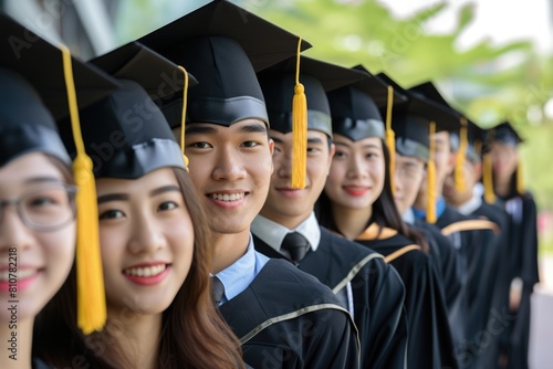 Asian Graduate Students Group at Campus Celebration and University Award, Memory Photo of Graduation Day.  Fictional Character Created By Generative AI. 