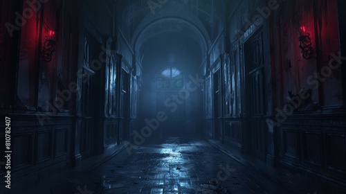 Spooky school hall filled with dungeon-like vibes, eerie doors, and unsettling lighting for a mystical nightmare experience photo