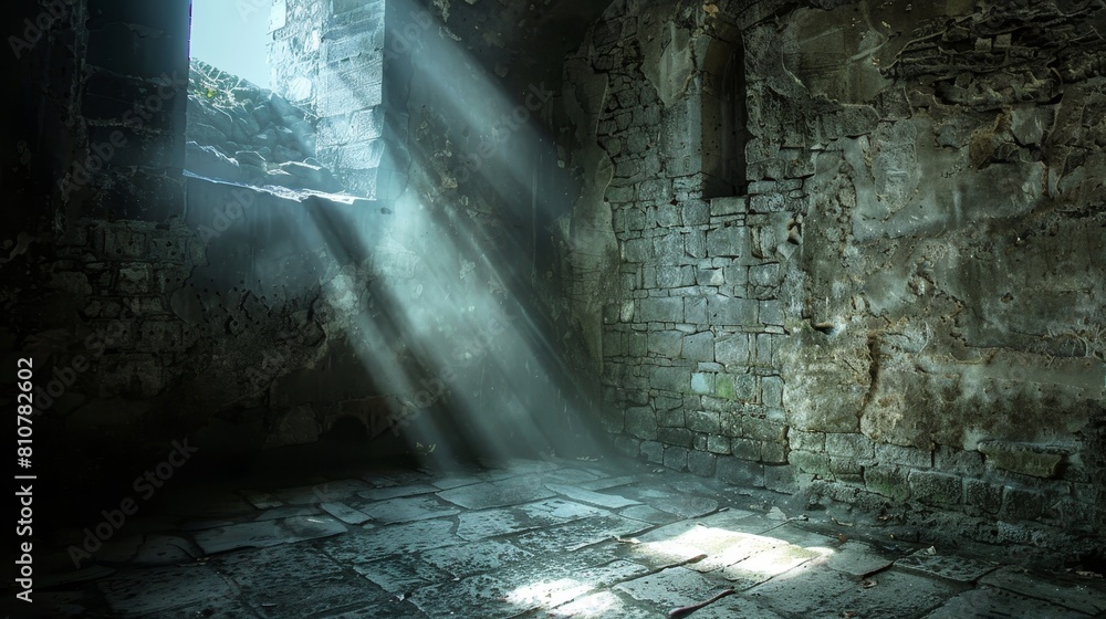 Shadowy, close-up view of a castle dungeon's interior, where a beam of light breaks through to cast intricate shadows on the stone walls Shadowy, close-up view of a castle dungeon's interior, where a beam of light breaks through to cast intricate shadows on the stone walls