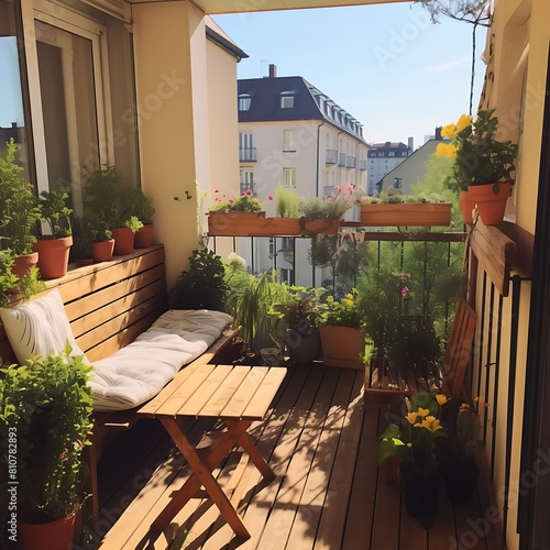Sunny Urban Balcony Garden with Comfortable Seating and Potted Plants 