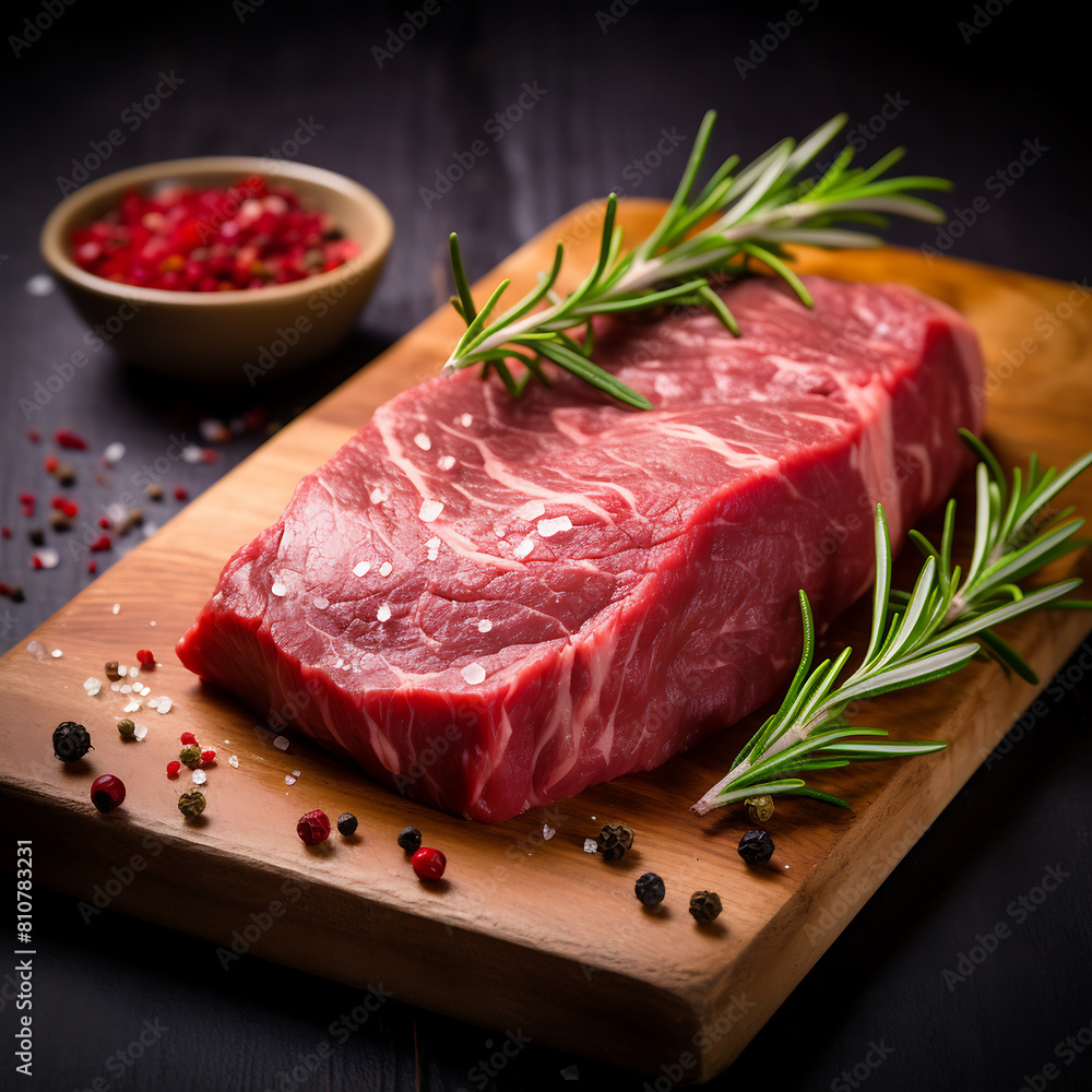 Raw beef steak with rosemary and spices on wooden cutting board.
