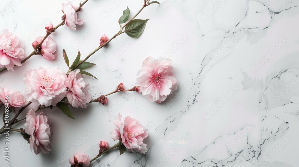 delicate pink flowers on marble background