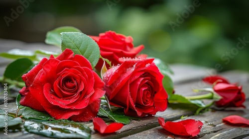 Vibrant red roses with water droplets