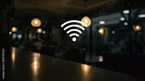 Neon and glowing Wi-Fi sign on dark street background. The concept of wireless Internet availability anywhere in city photo