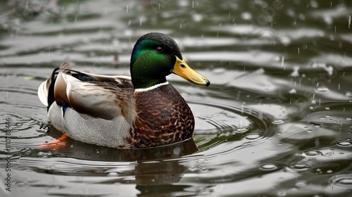 Colorful duck swimming in rainy pond