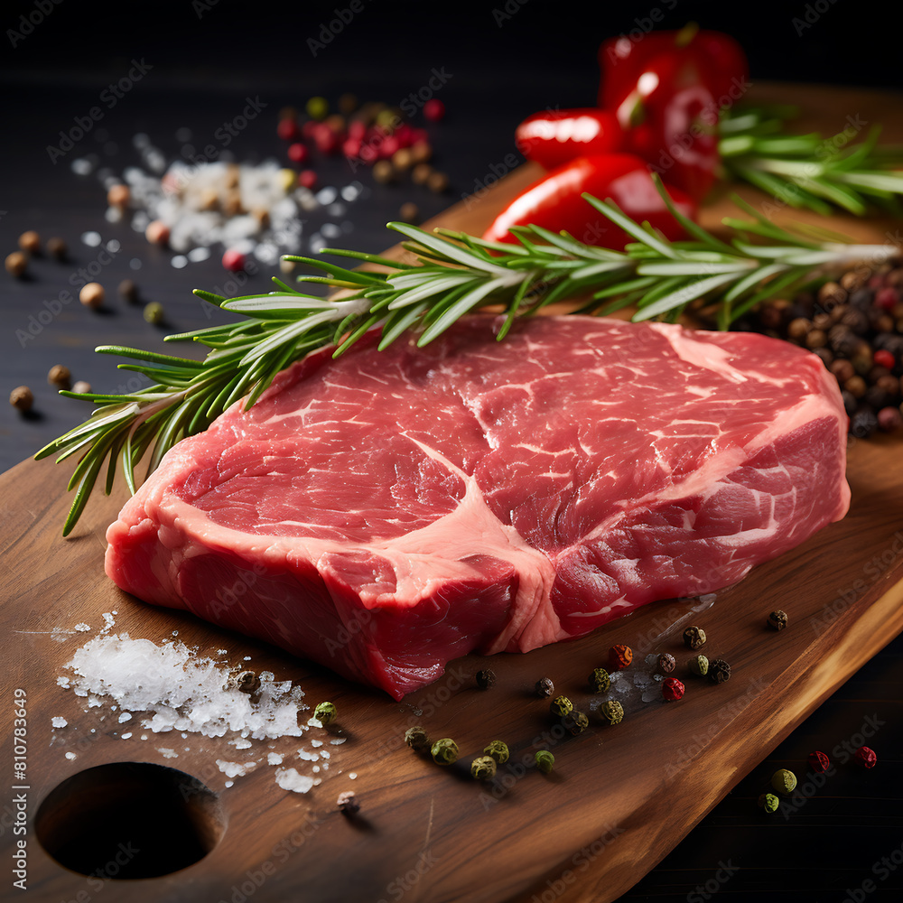 Fototapeta premium Raw beef steak with rosemary and spices on wooden cutting board.