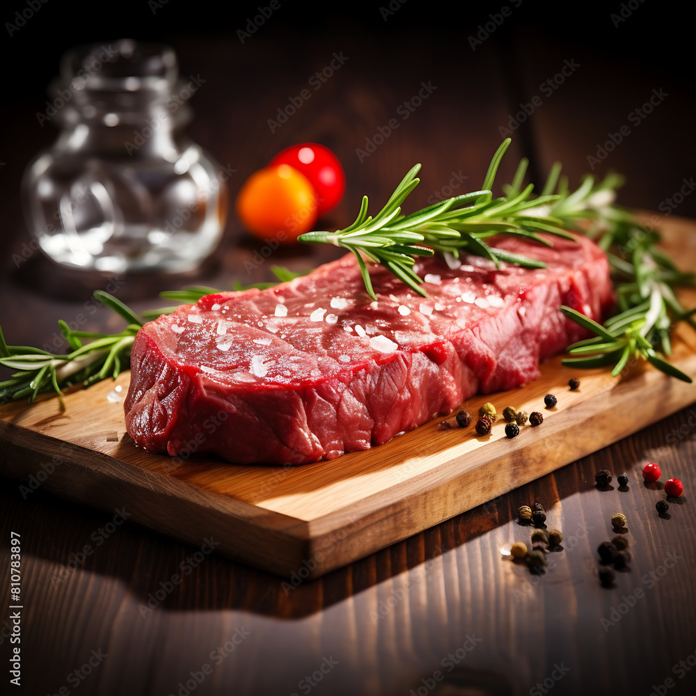 Raw beef steak with rosemary and peppercorns on cutting board